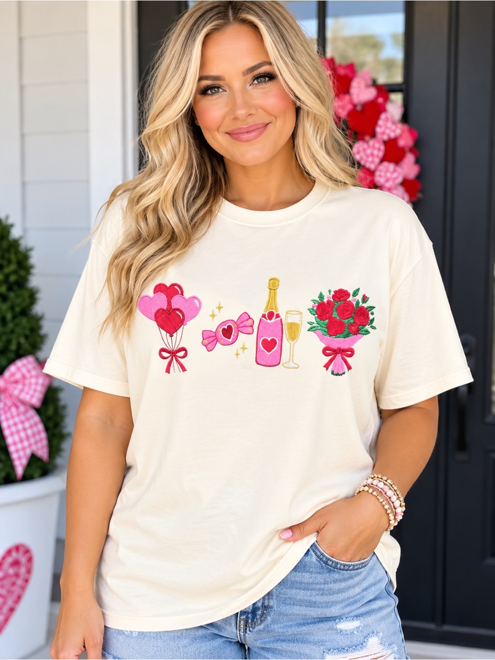 Comfort Colors Cream Valentine Embroidered Tee with Pink and Red Accents